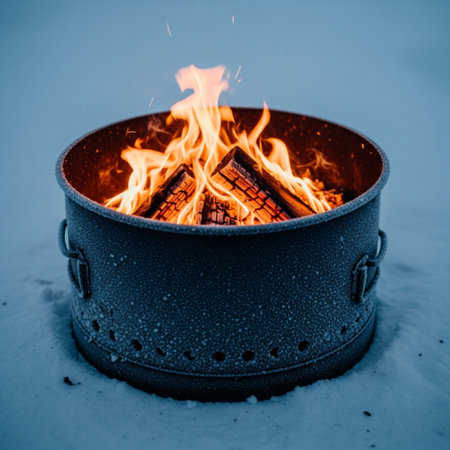 Burning fire in a cauldron on the background of a winter landscapeの素材