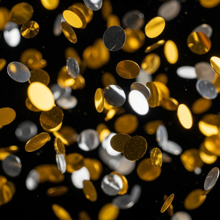 Golden confetti on a black background. Gold sparkles on a dark background.の素材