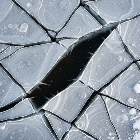 cracked ice on the river in winter, closeup of photoの素材