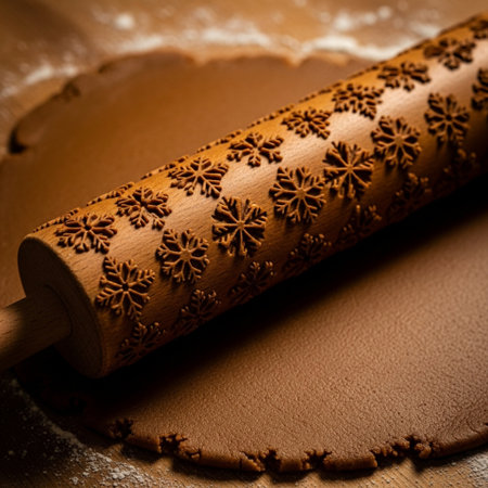 Rolling pin and gingerbread dough on wooden table. Selective focus. Toned.の素材