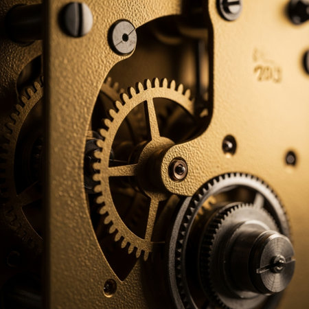 Close-up of the mechanism of an old clock. Toned.の素材