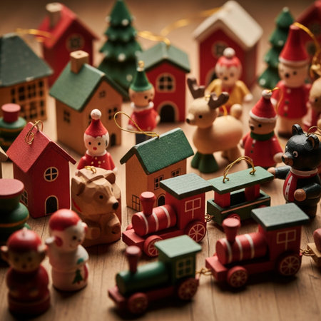 Wooden toy houses on wooden background. Christmas and New Year concept.の素材