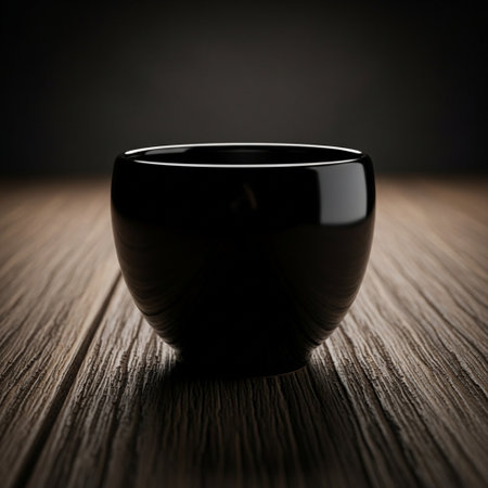 Black ceramic cup on a wooden table. Shallow depth of field.の素材
