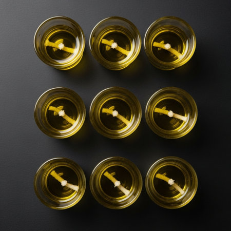 Top view of shot glasses with golden liquid on black background. Flat layの素材