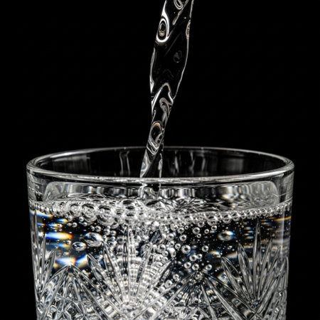 Pouring water into a glass on a black background. Close-up.の素材