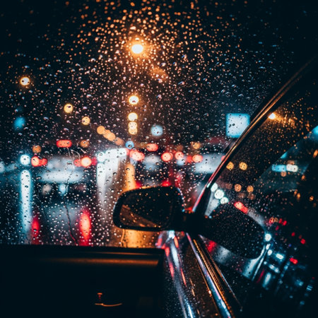 View from inside the car on the rain drops on the windshield and road.の素材