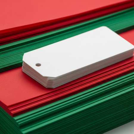Blank business cards on red and green background. Mockup for branding identity.の素材