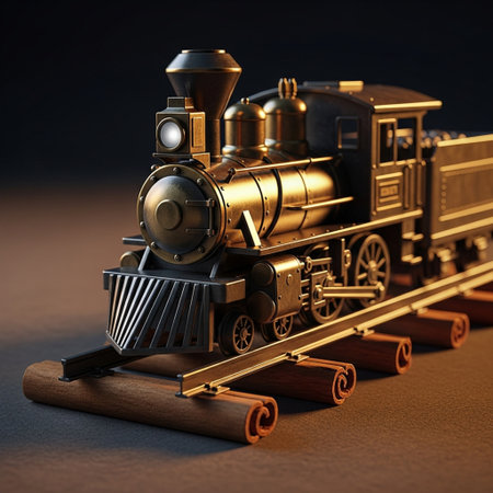 3d rendering of a toy steam locomotive on brown leather backgroundの素材