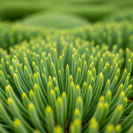 Close up of young green fir tree needles in the forest. Shallow depth of field.の素材