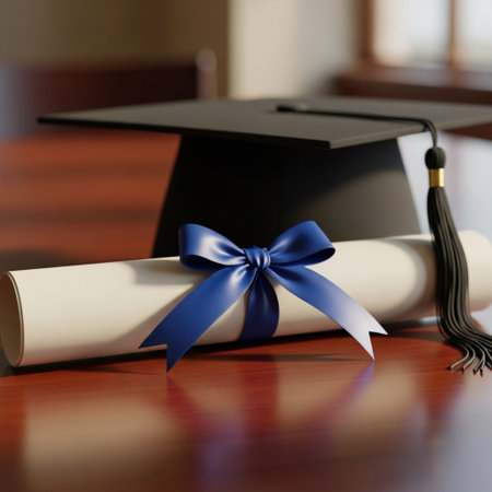 Graduation cap and diploma with blue ribbon on a wooden table.の素材