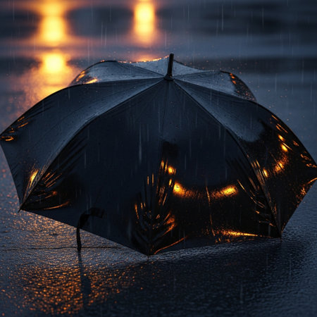 Black umbrella in the rain on a rainy day. 3d renderingの素材