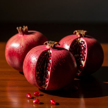 Ripe pomegranates on a wooden table. Black background.の素材