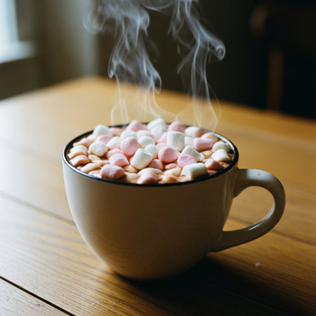 Hot chocolate with marshmallows in a cup on a wooden tableの素材
