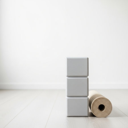 Roll of yoga mat and yoga mat on the floor in the roomの素材