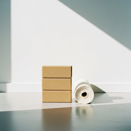 stack of golden boxes on floor and white wall background, architectural conceptの素材