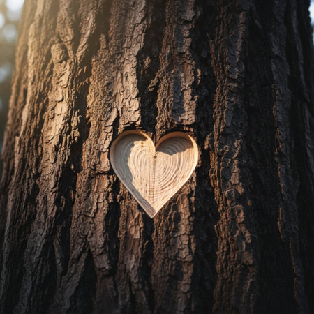 Heart shaped wood on tree trunk in sunlight. Love and romance concept.の素材