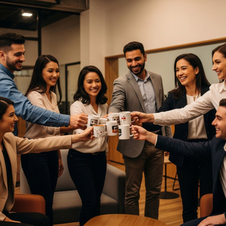Group of young business people celebrating success in the office. Businessmen and businesswomen are holding cups of coffee.の素材