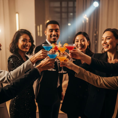 Group of friends toasting with drinks in a nightclub. Cheerful young men and women toasting with drinks at a party.の素材