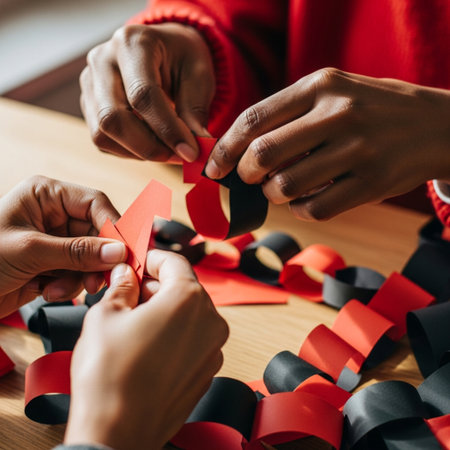 cropped shot of african american man and woman making origami with red ribbonの素材