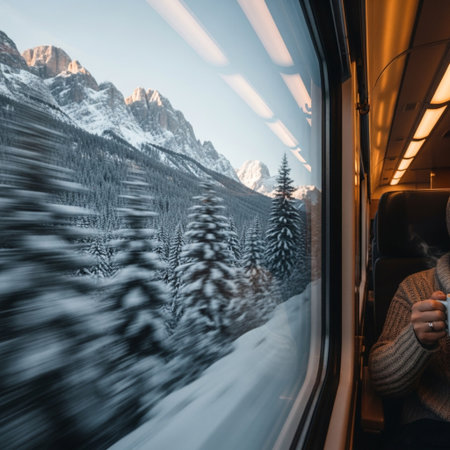 Woman traveling by train in winter mountains with snow covered fir trees on the background.の素材