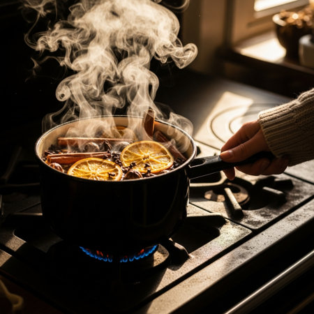 Woman cooking mulled wine on a gas stove. Selective focus.の素材