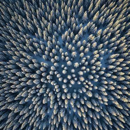 Aerial view of winter pine forest with snow covered trees. Top viewの素材