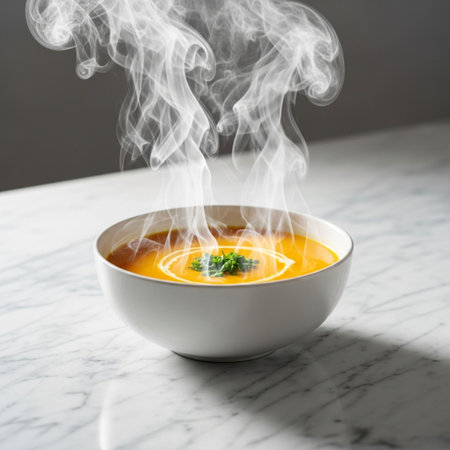 Pumpkin soup with cream and parsley in a white bowlの素材