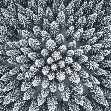 Aerial view of pine trees covered with hoarfrost in winter forestの素材
