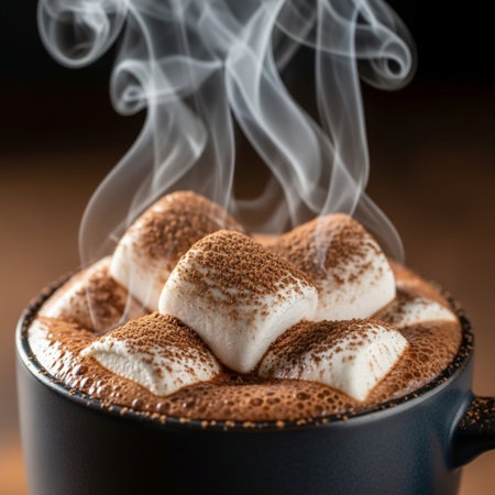 Cup of hot cocoa with marshmallows on wooden background.の素材
