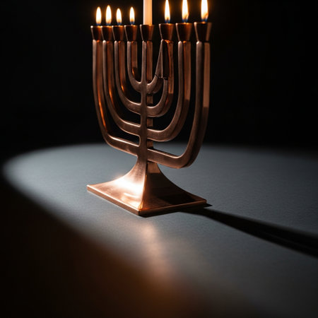 Religion image of jewish holiday Hanukkah background with menorah (traditional candelabra) and candlesの素材