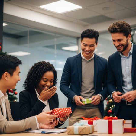 Business people exchanging Christmas gifts. They are sitting at table and smiling. Man is holding present boxの素材