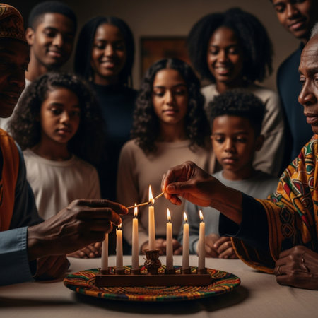 Group of multiethnic people lighting candles during a religious celebration.の素材