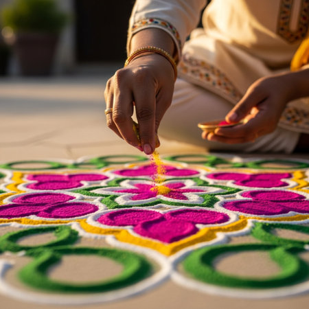Close-up of Indian woman making a colorful rangoli in the gardenの素材