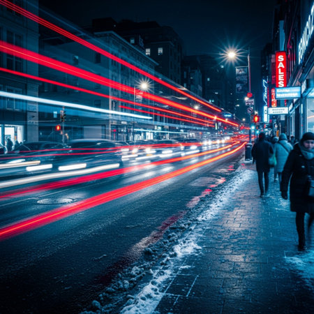 Traffic in the city at night. Lights of moving cars.の素材