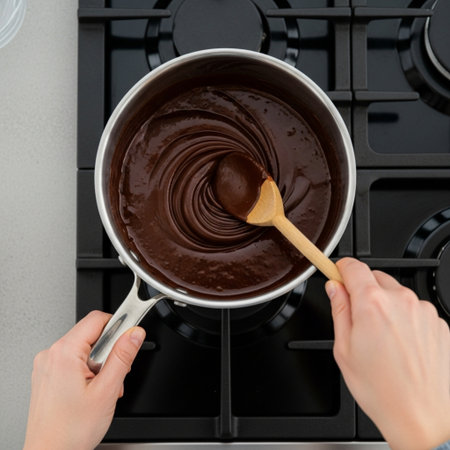 Close-up of a woman's hands cooking chocolate fondue in a potの素材