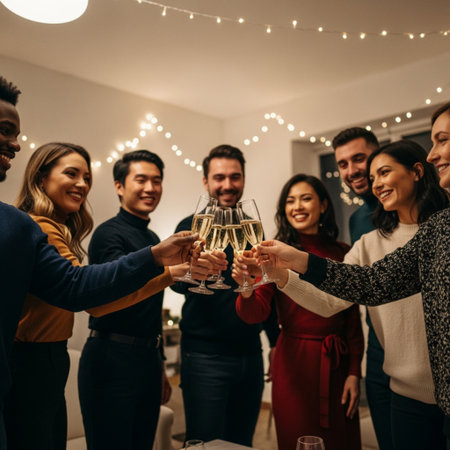 Group of friends clinking glasses of champagne and looking at each otherの素材