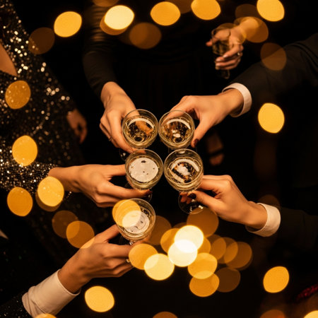 cropped shot of people clinking glasses with champagne at nightclub partyの素材