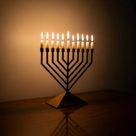 Image of jewish holiday Hanukkah background with menorah (traditional candelabra) and burning candlesの素材