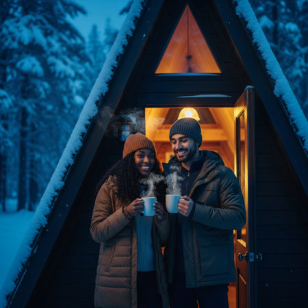 Couple in warm clothing holding cup of hot drink in winter forestの素材