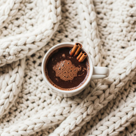 Cup of hot chocolate with cinnamon on knitted background, top viewの素材