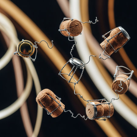 Champagne cork. Close-up view of wine corks on dark backgroundの素材