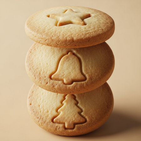 Christmas cookies on beige background, close-up, selective focusの素材