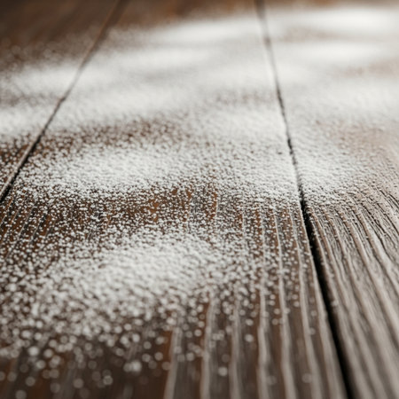 snow on the wooden table, shallow depth of field with copy spaceの素材