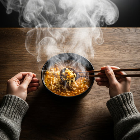 Woman eating chinese noodle soup with chopsticks on wooden tableの素材