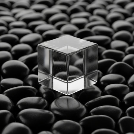 Cube on black pebbles background. Black and white photo.の素材