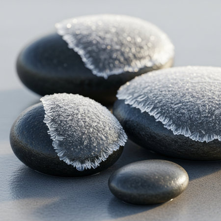 Close-up of black stones covered with hoarfrost on grey backgroundの素材