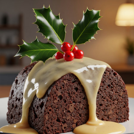 Piece of Christmas chocolate cake with icing and holly leaves.の素材
