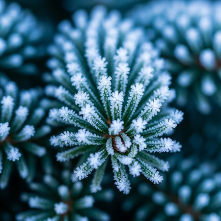 Fir branches covered with hoarfrost. Winter background. Macroの素材