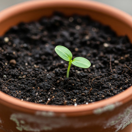 Small green seedling in a pot. Close up, selective focus.の素材