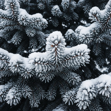 Fir tree branches covered with snow in winter. Christmas background.の素材